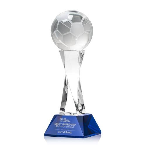 Recognition Awards - Crystal Awards - Soccer Ball Award on Langport Base - Blue