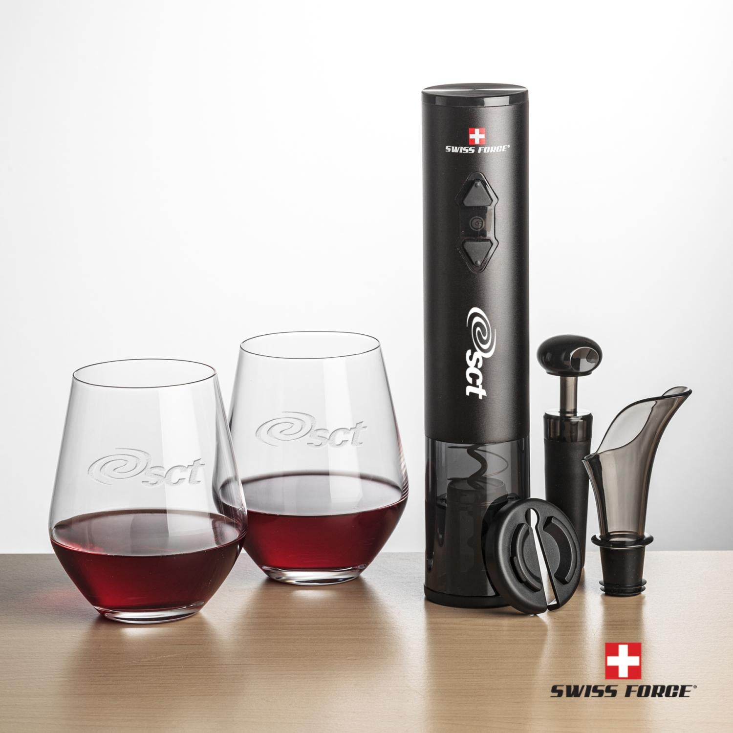 Swiss Force Opener and Stemless Wine Glass Set
