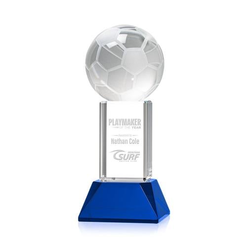 Recognition Awards - Crystal Awards - Soccer Ball Award on Stowe Base - Blue