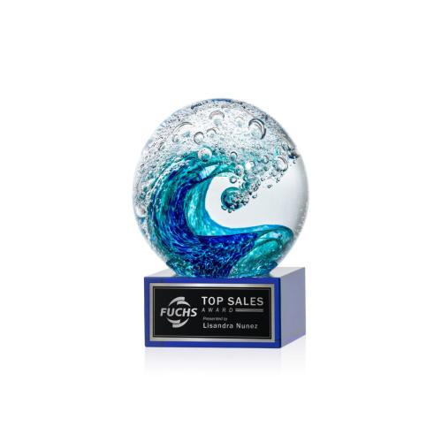 Recognition Awards - Glass Awards - Art Glass Awards - Surfside Award on Hancock Base - Blue