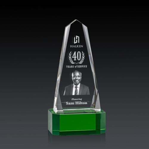 Recognition Awards - Crystal Awards - Geneva 3D Award on Base - Green