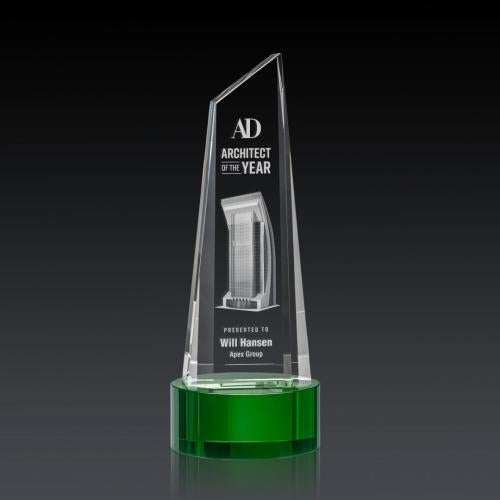 Recognition Awards - Crystal Awards - Akron Tower 3D Award on Base - Green