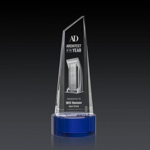 Recognition Awards - Crystal Awards - Akron Tower 3D Award on Base - Blue
