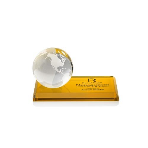 Recognition Awards - Crystal Awards - Globe Award on Rectangle Base - Amber