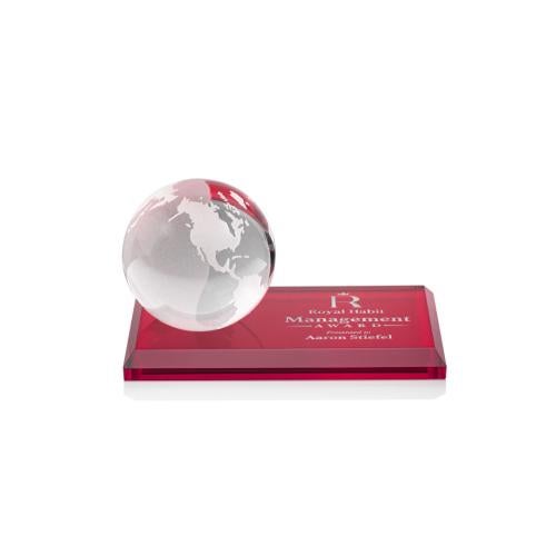 Recognition Awards - Crystal Awards - Globe Award on Rectangle Base - Red
