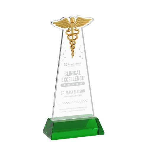 Recognition Awards - Crystal Awards - Caduceus Award on Hartford Base - Green