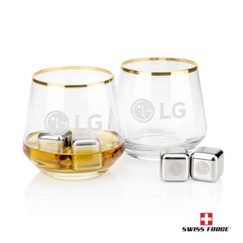 Corporate Gifts - Barware - Glasses Sets - Swiss Force&reg; S/S Ice Cubes & 2 Tucson OTR - Gold Rim