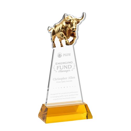 Recognition Awards - Crystal Awards - Raging Bull Award on Hartford Base - Amber