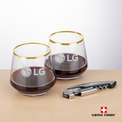Corporate Gifts - Barware - Barware Gift Sets - Swiss Force&reg; Opener & Tucson Gold Rim Stemless Wine
