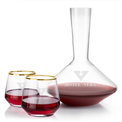 Corporate Gifts - Barware - Barware Gift Sets - Tucson Carafe & Stemless Wine Set - Gold Rim