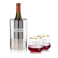 Catania Wine Cooler & Tucson Gold Rim Stemless Wine - Barware Gift Sets