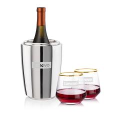 Pescara Wine Cooler & Tucson Gold Rim Stemless Wine - Barware Gift Sets