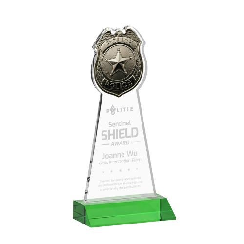 Recognition Awards - Crystal Awards - Police Badge Award - Green