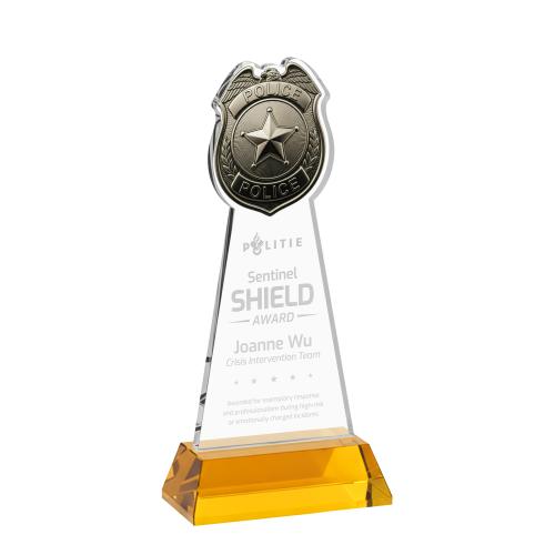 Recognition Awards - Crystal Awards - Police Badge Award on Hartford Base - Amber
