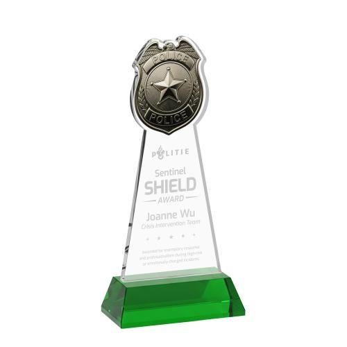 Recognition Awards - Crystal Awards - Police Badge Award on Hartford Base - Green