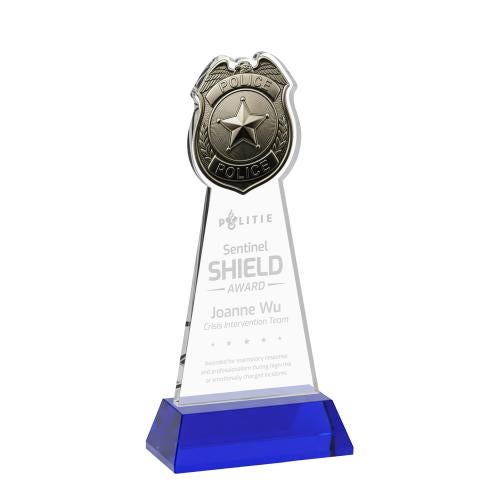Recognition Awards - Crystal Awards - Police Badge Award on Hartford Base - Blue
