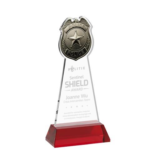 Recognition Awards - Crystal Awards - Police Badge Award on Hartford Base - Red