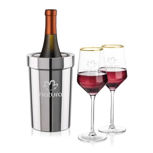 Corporate Gifts - Barware - Barware Gift Sets - Milano Wine Cooler & 2 Tucson Gold Rim Wine Set