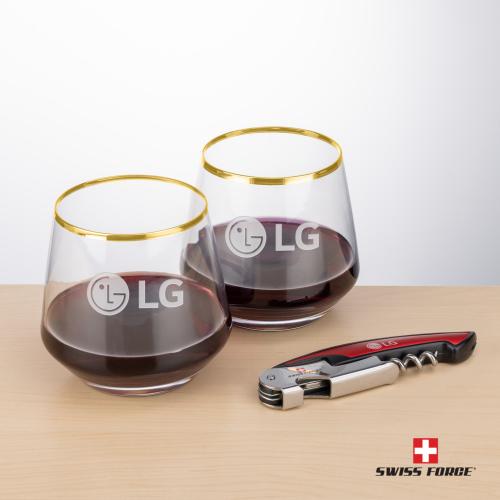 Corporate Gifts - Barware - Barware Gift Sets - Swiss Force&reg; Opener & Tucson Gold Rim Stemless Wine