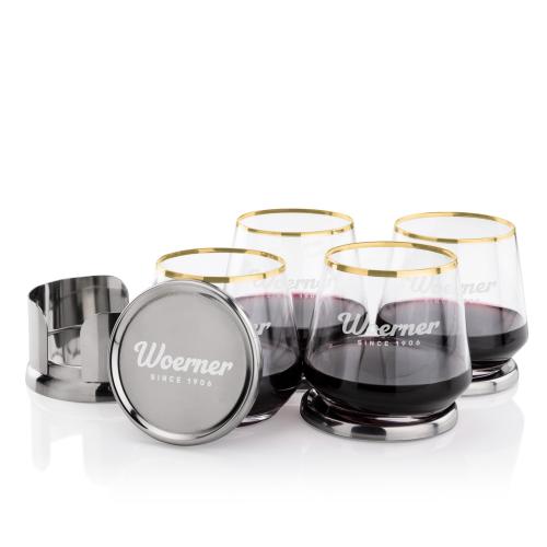 Corporate Gifts - Barware - Barware Gift Sets - Baldoni Coasters & Tucson Gold Rim Stemless Wine Set