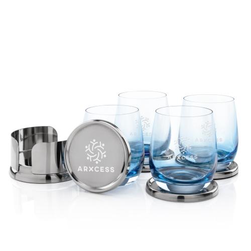 Corporate Gifts - Barware - Tumblers & Glasses - Baldoni Coasters & Soudan On-the-Rocks Set - Blue 
