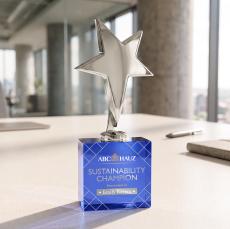 Tuscany Chrome Star VividPrint Award on Woodlawn Base-Blue - Star Awards