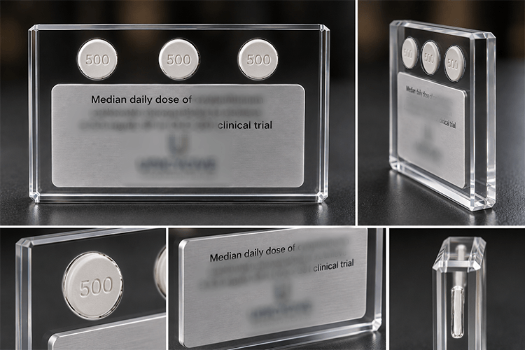 Clear acrylic embedment with 3 white replica pills cast above a brushed metal plaque, shown front and side.