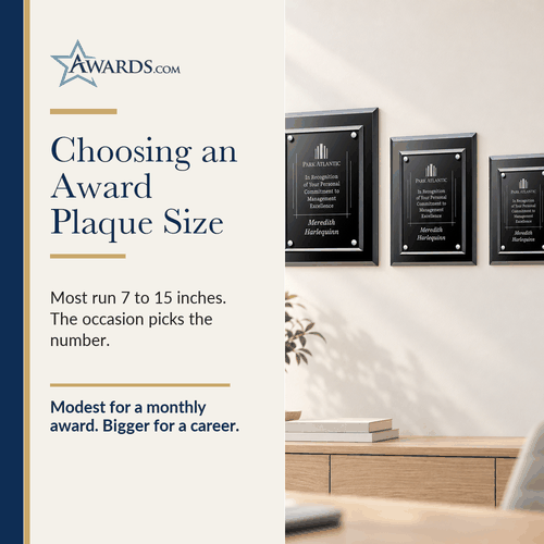 Three glass award plaques in different sizes hung in a row