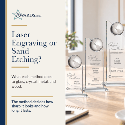 Engraved crystal globe awards on an office desk