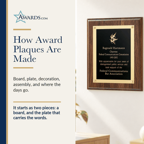 Walnut award plaque with an engraved gold edged plate