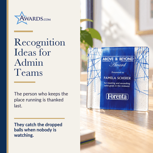 Blue art glass award on an office desk