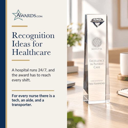 Crystal patient care award on an office desk