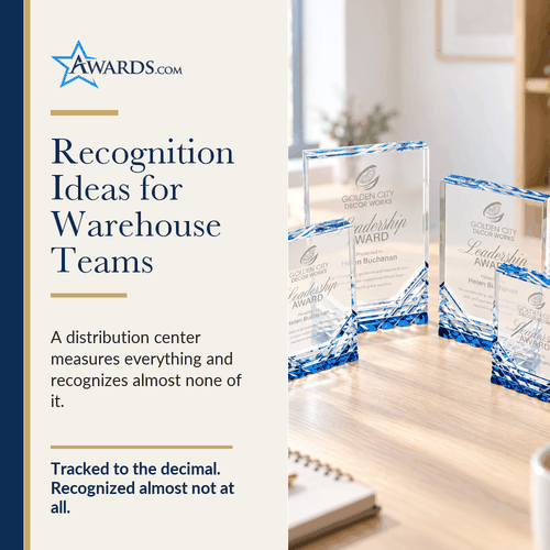 Blue acrylic award on an office desk