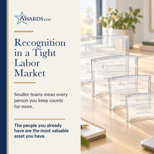 Curved glass awards on an office desk