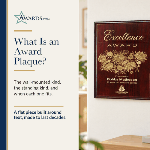 Mahogany award plaque hanging on an office wall