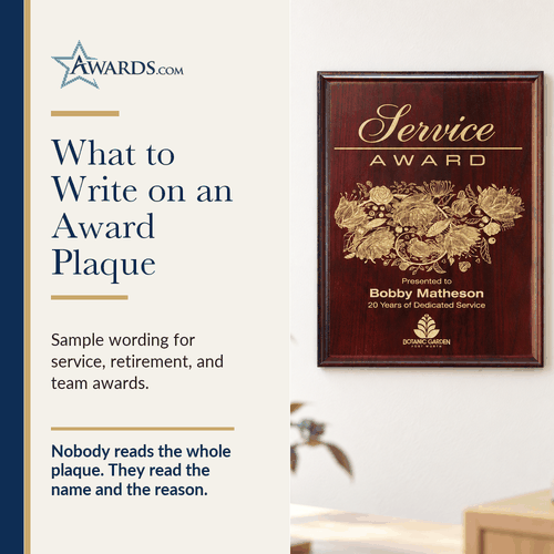 Mahogany service award plaque engraved with a name and years of service